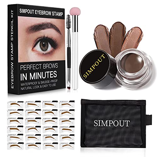 Eyebrow Stamp Stencil Kit for Beginner - Simpout Eye Brow Stamping Kit, Brow Stamp Trio Kit, 29 Brow Stencils, Brow Eyebrow Kit with Sponge Applicator, Waterproof Eyebrow Kit (E05 Dark Brown)