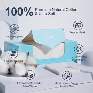 SHINO Multi Purpose Cotton Pads for Face, 4-Layer Cotton Pads Makeup Remover 100% Cotton Chemical Free Biodegradable 2" x 3" Sensitive Skincare Pads