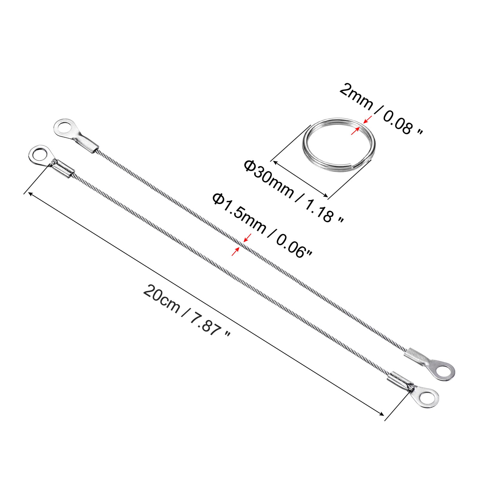 PATIKIL Stainless Steel Lanyard Cable 1.5mmx20cm, 6 Pack Eyelets Ended Security Wire Rope with 12 Pack Key Ring