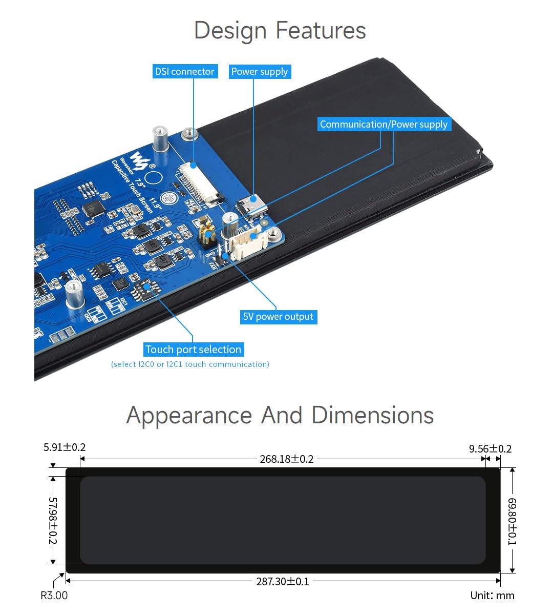 waveshare 11.9inch Capacitive Touch Display Compatible with Raspberry Pi 5/4B/3B/Zero/Zero W/Zero 2W/Pico/Pico W/Pico WH, 320×1480 Resolution IPS DSI Interface