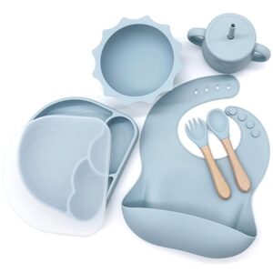 kcmi’s baby-led weaning supplies: silicone feeding set with bibs, suction bowl, divided plate, cup, and self-feeding spoons for babies and toddlers - blue