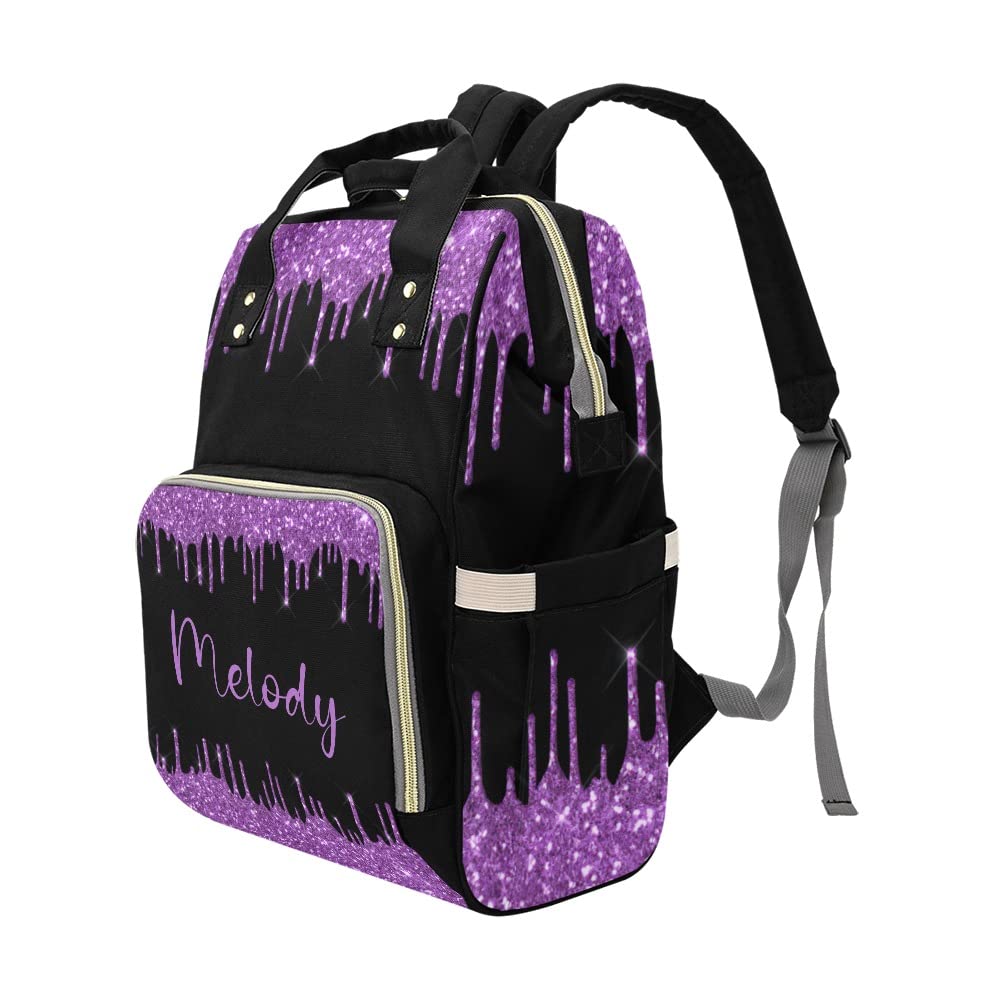 XOZOTY Purple Golden Dripping Glitter Diaper Bags with Name Waterproof Mummy Backpack Nappy Nursing Baby Bags Gifts Tote Bag for Women