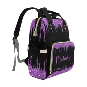 XOZOTY Purple Golden Dripping Glitter Diaper Bags with Name Waterproof Mummy Backpack Nappy Nursing Baby Bags Gifts Tote Bag for Women