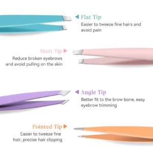 Tweezers Set-6 Pieces Professional Stainless Steel Tweezers with Leather Case for Women and Men Slanted and Pointed for Eyebrows, Facial Hair, Ingrown Hair and Blackheads Removal