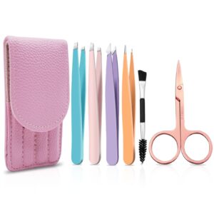 Tweezers Set-6 Pieces Professional Stainless Steel Tweezers with Leather Case for Women and Men Slanted and Pointed for Eyebrows, Facial Hair, Ingrown Hair and Blackheads Removal