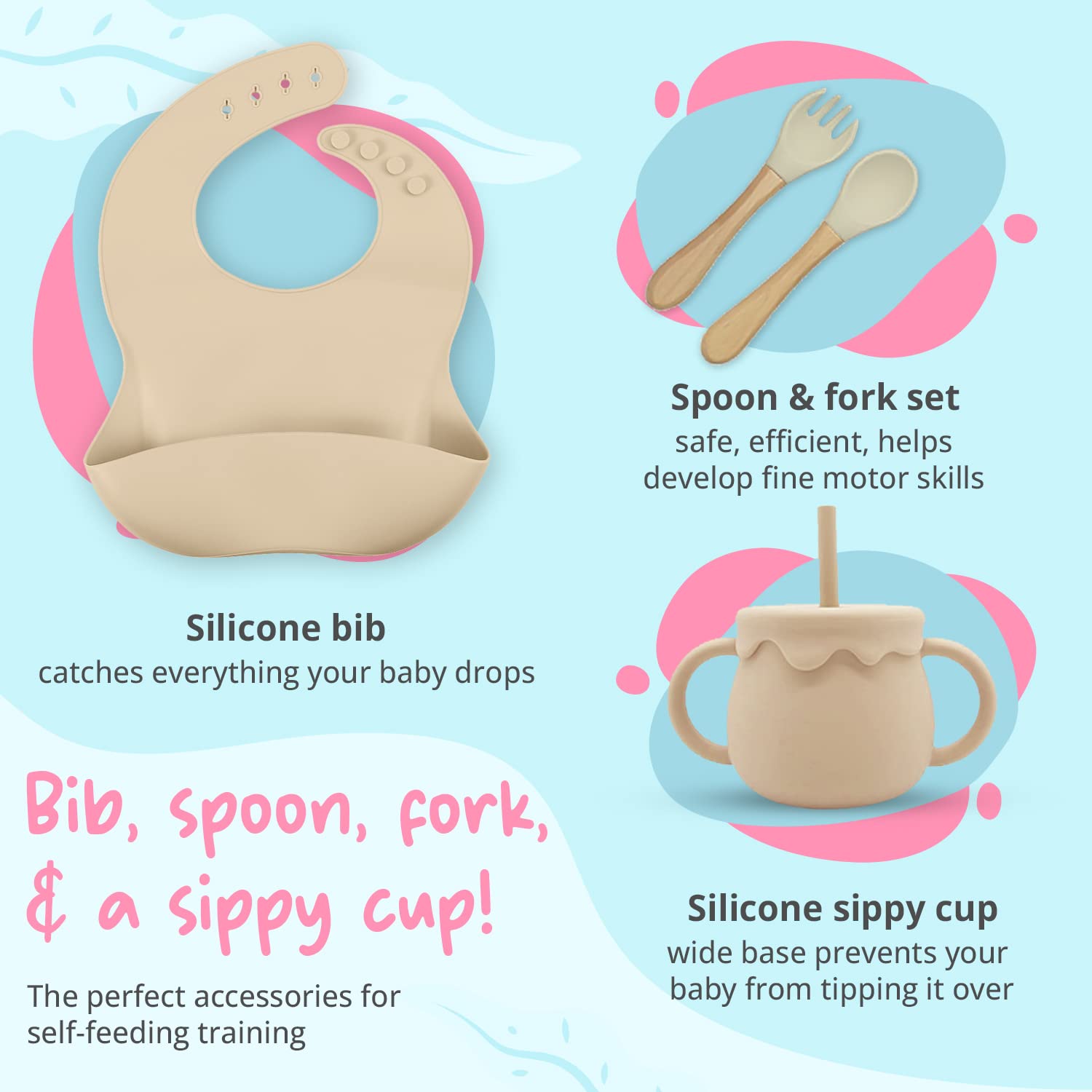 KCMI’s Baby-Led Weaning Supplies: Silicone Feeding Set with Bibs, Suction Bowl, Divided Plate, Cup, and Self-Feeding Spoons for Babies and Toddlers - Blue