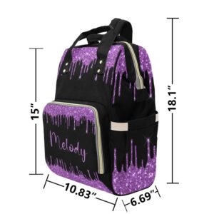 XOZOTY Purple Golden Dripping Glitter Diaper Bags with Name Waterproof Mummy Backpack Nappy Nursing Baby Bags Gifts Tote Bag for Women