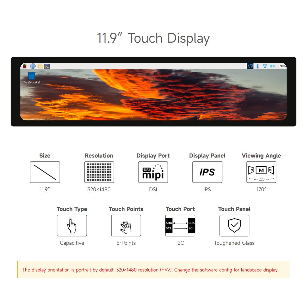 waveshare 11.9inch Capacitive Touch Display Compatible with Raspberry Pi 5/4B/3B/Zero/Zero W/Zero 2W/Pico/Pico W/Pico WH, 320×1480 Resolution IPS DSI Interface