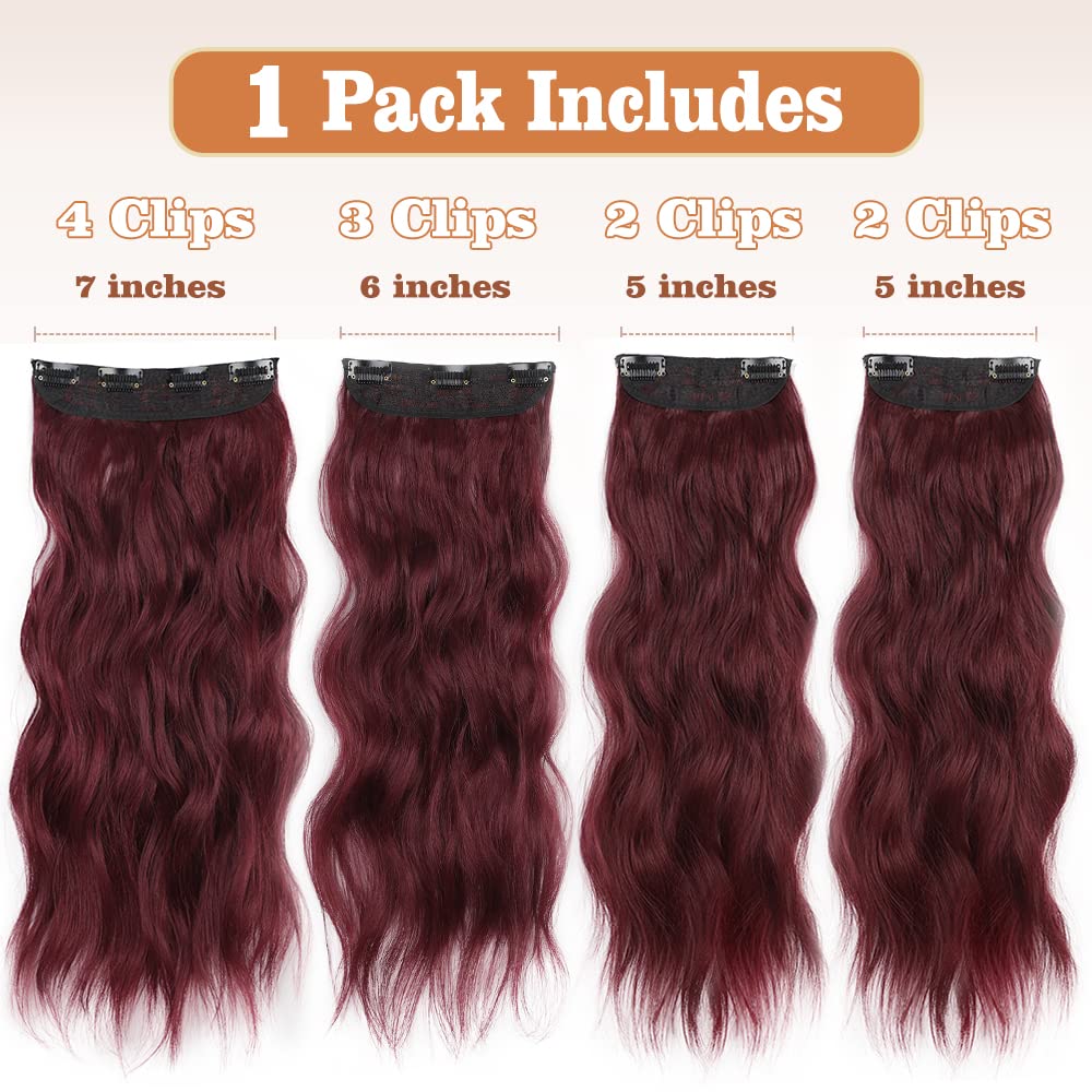 QGZ Hair Extensions 4 PCS Thick Clip in Hair Extensions for Women 20 Inch Synthetic Long Wavy Hairpieces for Daily Party Use(Burgundy)