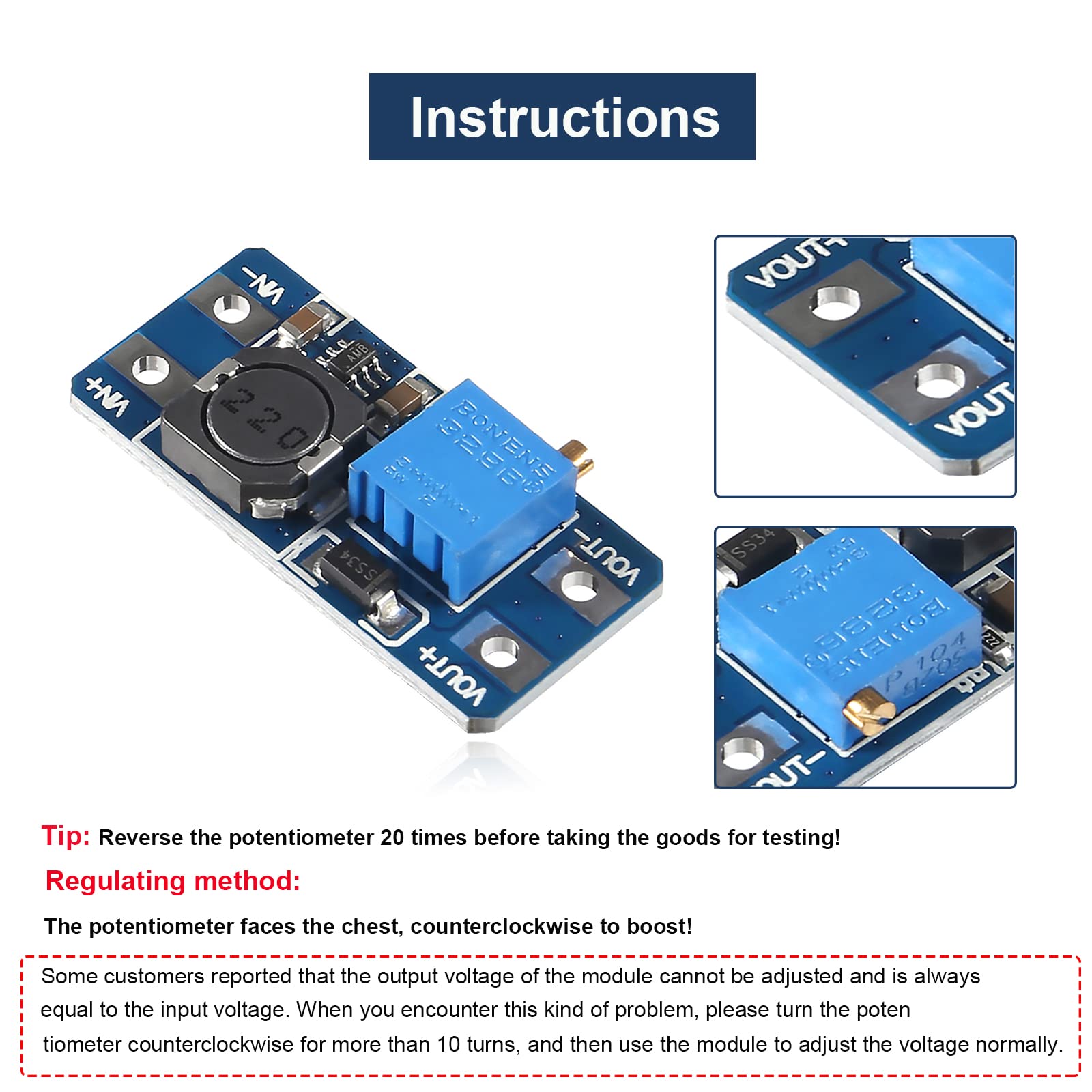 Diitao 20PCS Adjustable Step Up Converter MT3608 DC-DC Step Up Boost Power Converter 2A Modules Step Up Adjustable Voltage Regulator Board Input Voltage 2-24V to 5V-28V Output Voltage