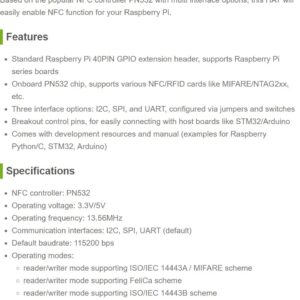 Waveshare PN532 NFC HAT Compatible with Raspberry Pi with I2C / SPI/UART Interface Comes with Online User Manual