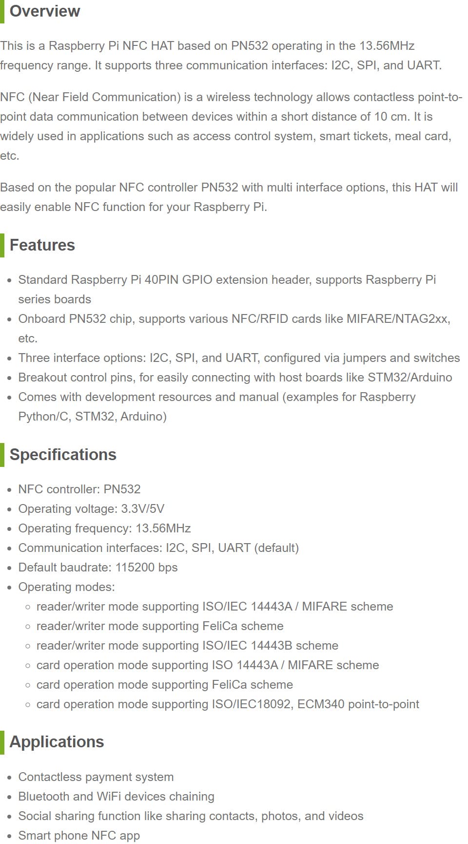 Waveshare PN532 NFC HAT Compatible with Raspberry Pi with I2C / SPI/UART Interface Comes with Online User Manual