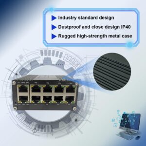 Hardened Industrial Gigabit Compact Ethernet Switch 10-Port 10/100/1000BASE-T RJ45 with auto-MDI/MDI-X Function 10/100Mbps Half/Full Duplex and 1000Mbps Full Duplex 12~48VDC Wide Range Power Input