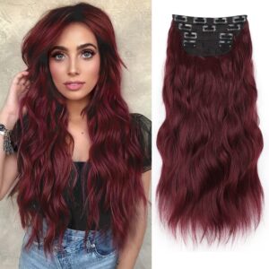 qgz hair extensions 4 pcs thick clip in hair extensions for women 20 inch synthetic long wavy hairpieces for daily party use(burgundy)