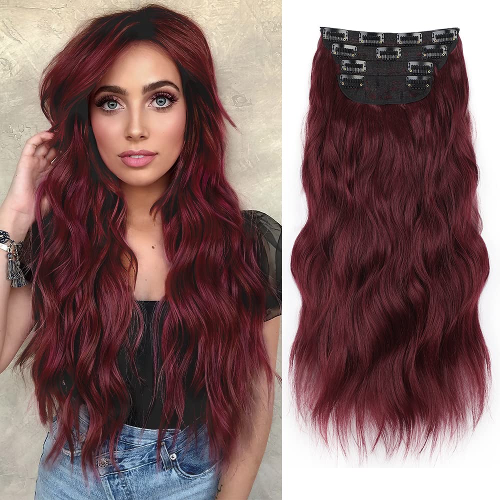 QGZ Hair Extensions 4 PCS Thick Clip in Hair Extensions for Women 20 Inch Synthetic Long Wavy Hairpieces for Daily Party Use(Burgundy)