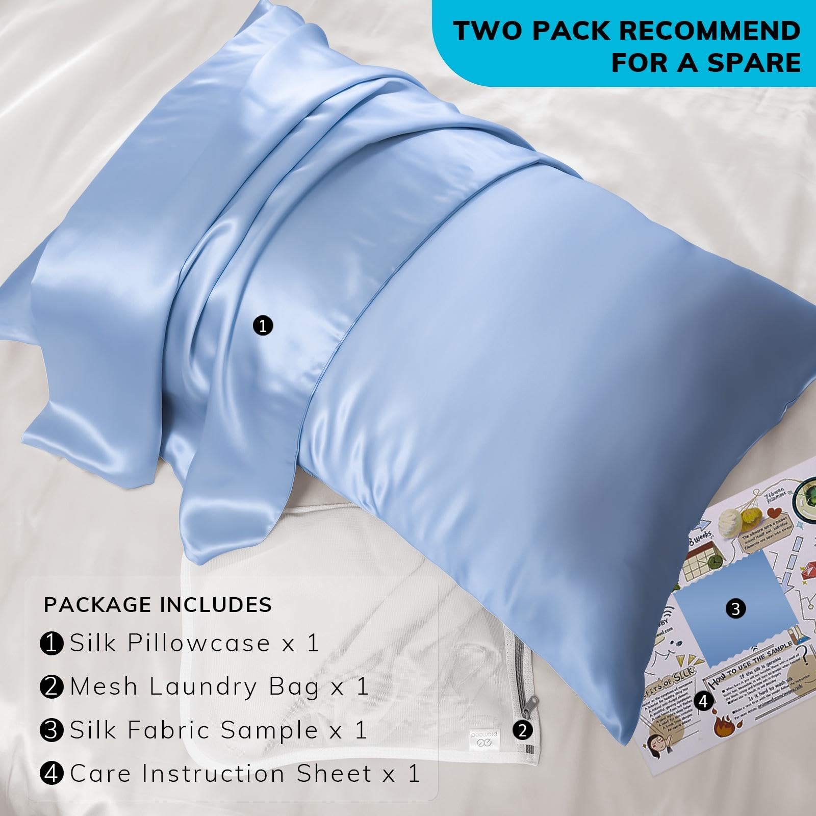 PROMEED Natural 23 Momme Silk Toddler Pillowcase for Baby Hair and Skin, Fits Pillow 13x18, Both Sides 100% Mulberry Silk Baby Travel Pillow Cases with Laundry Bag (Toddler/Travel-13 x18, Light Blue)