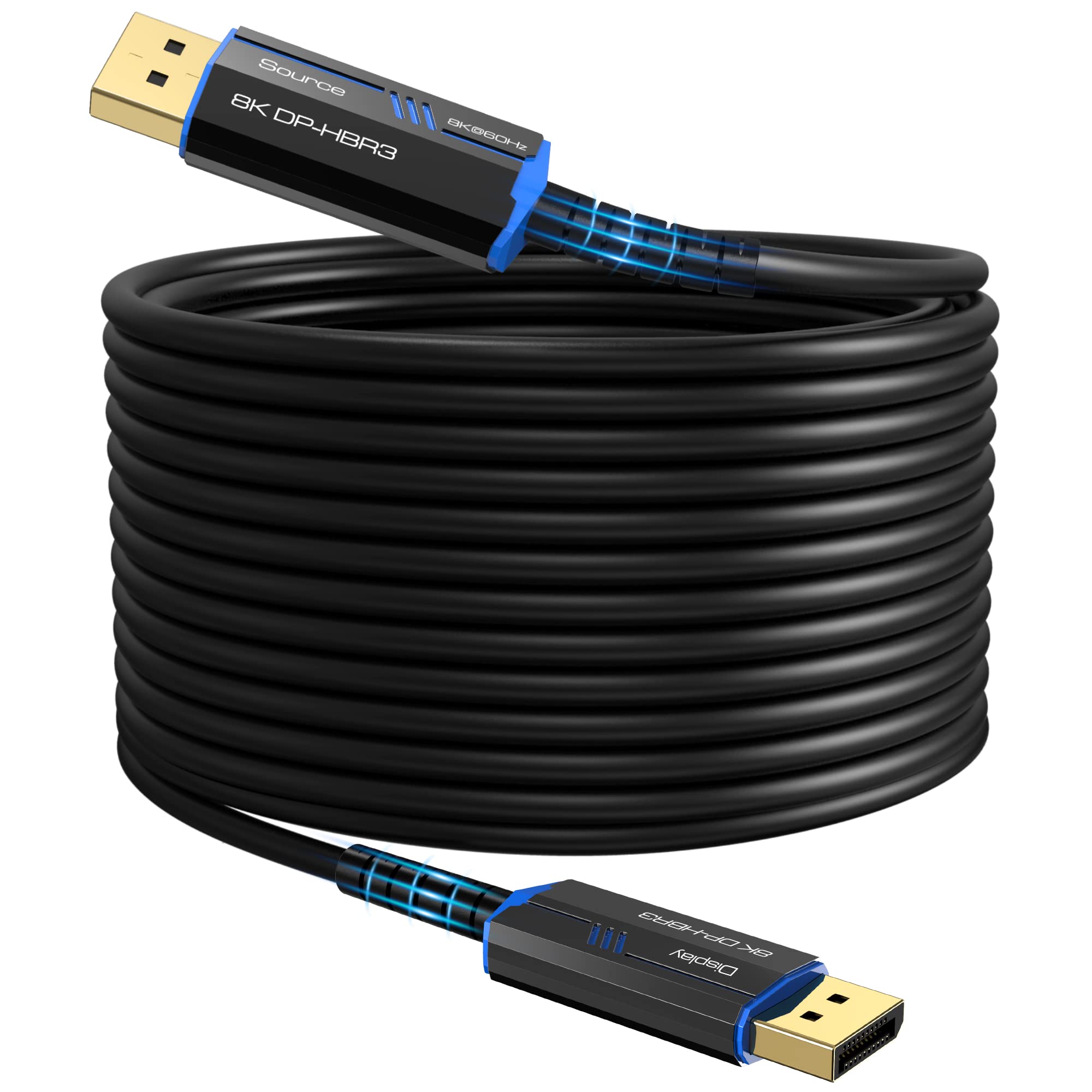 8K Long DP Fiber Optic Cable 100Feet/30m, 8K@60Hz, 4K@144Hz, 32.4Gbps Displayport 1.4 Cable, Gold Plated Connector, Slim and Flexible Cord, Support HBR3, DSC 1.2, HDR10, 3D Visual Effects, VR Headset