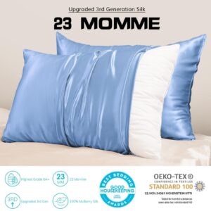 PROMEED Natural 23 Momme Silk Toddler Pillowcase for Baby Hair and Skin, Fits Pillow 13x18, Both Sides 100% Mulberry Silk Baby Travel Pillow Cases with Laundry Bag (Toddler/Travel-13 x18, Light Blue)