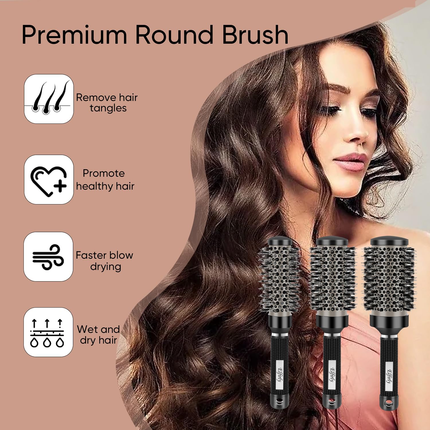 Elfirly Round Brush for Blow Drying, Ionic Tech Thermal Ceramic Round Hair Brush for Blow Out, Barrel Brush with Boar Bristles for Hair Curling, Styling (3 Pack - Barrel 1.3 inch, 1.7 inch, 2.1 inch)