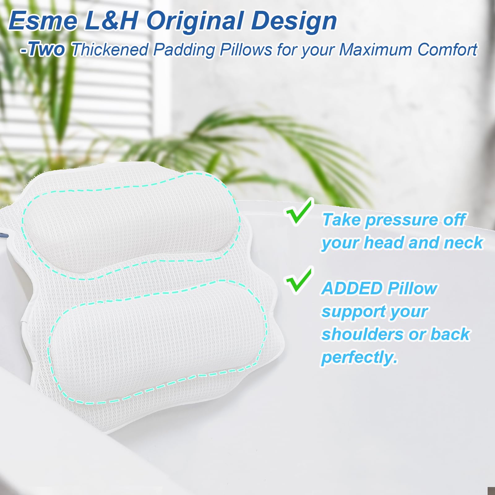 Bathtub Pillow Bath Pillows for Tub Neck and Back Support, Luxury Bath Tub Pillow for Headrest, Bathtub Pillows for Head and Neck Bath Cushion Shower Pillow for Bathtub with 6 Strong Suction Cups