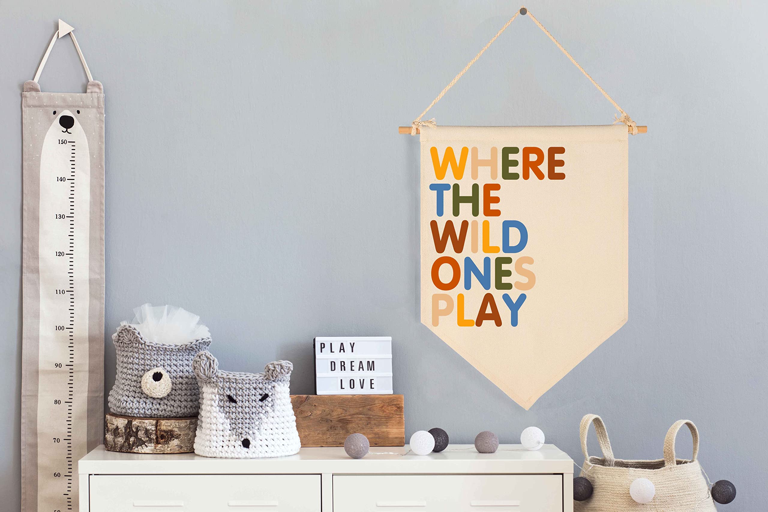 Where The Wild Ones Play - Canvas Hanging Pennant Flag Banner Wall Sign Decor Gift for Nursery Baby Kids Girl Boy Teen Bedroom Playroom Front Door- Baby Gift Shower Flay-Birthday Christmas Gift