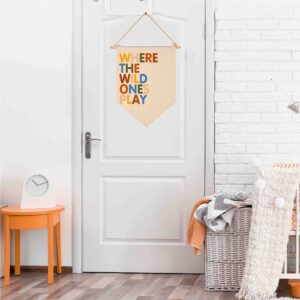 Where The Wild Ones Play - Canvas Hanging Pennant Flag Banner Wall Sign Decor Gift for Nursery Baby Kids Girl Boy Teen Bedroom Playroom Front Door- Baby Gift Shower Flay-Birthday Christmas Gift