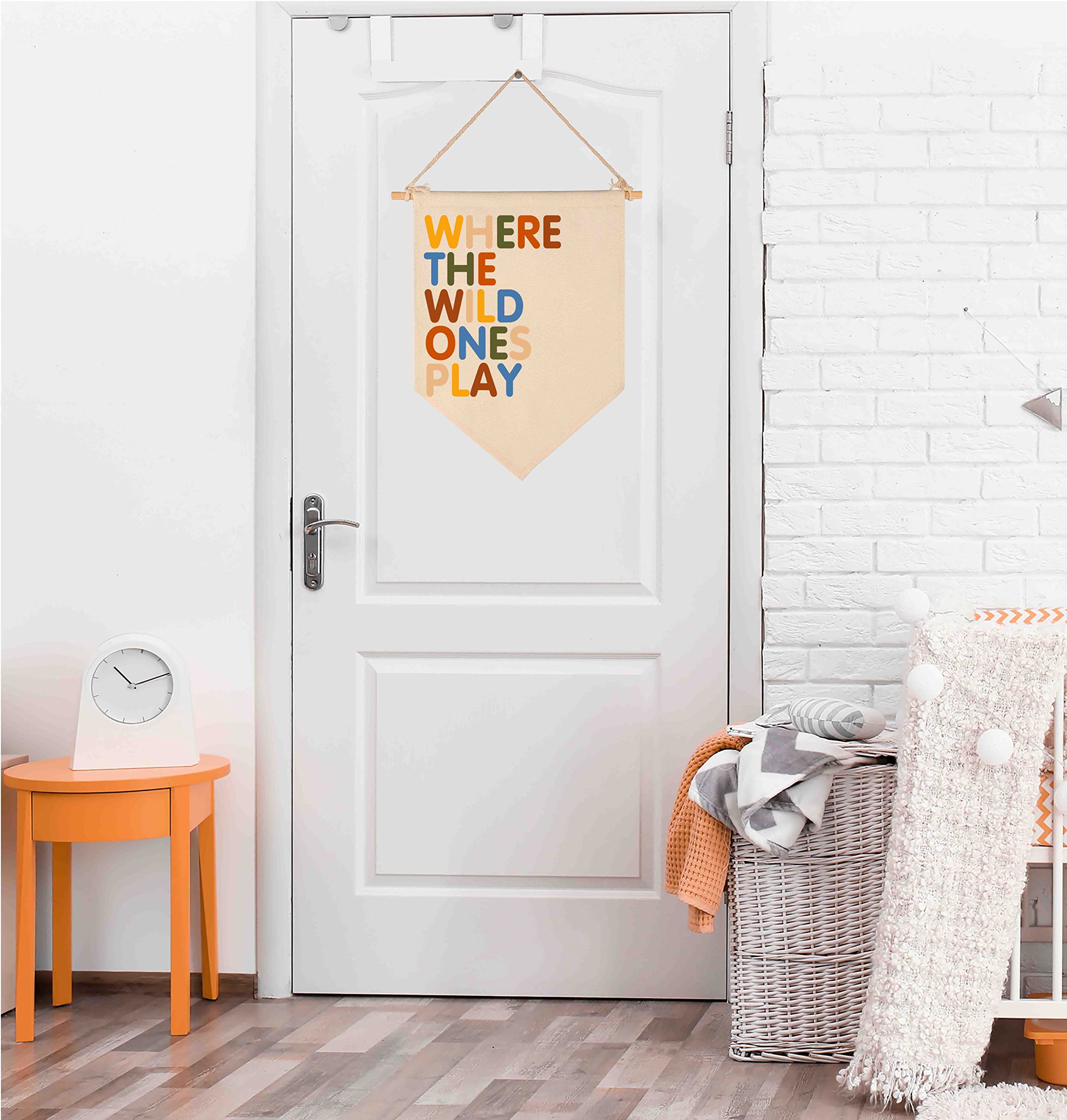 Where The Wild Ones Play - Canvas Hanging Pennant Flag Banner Wall Sign Decor Gift for Nursery Baby Kids Girl Boy Teen Bedroom Playroom Front Door- Baby Gift Shower Flay-Birthday Christmas Gift