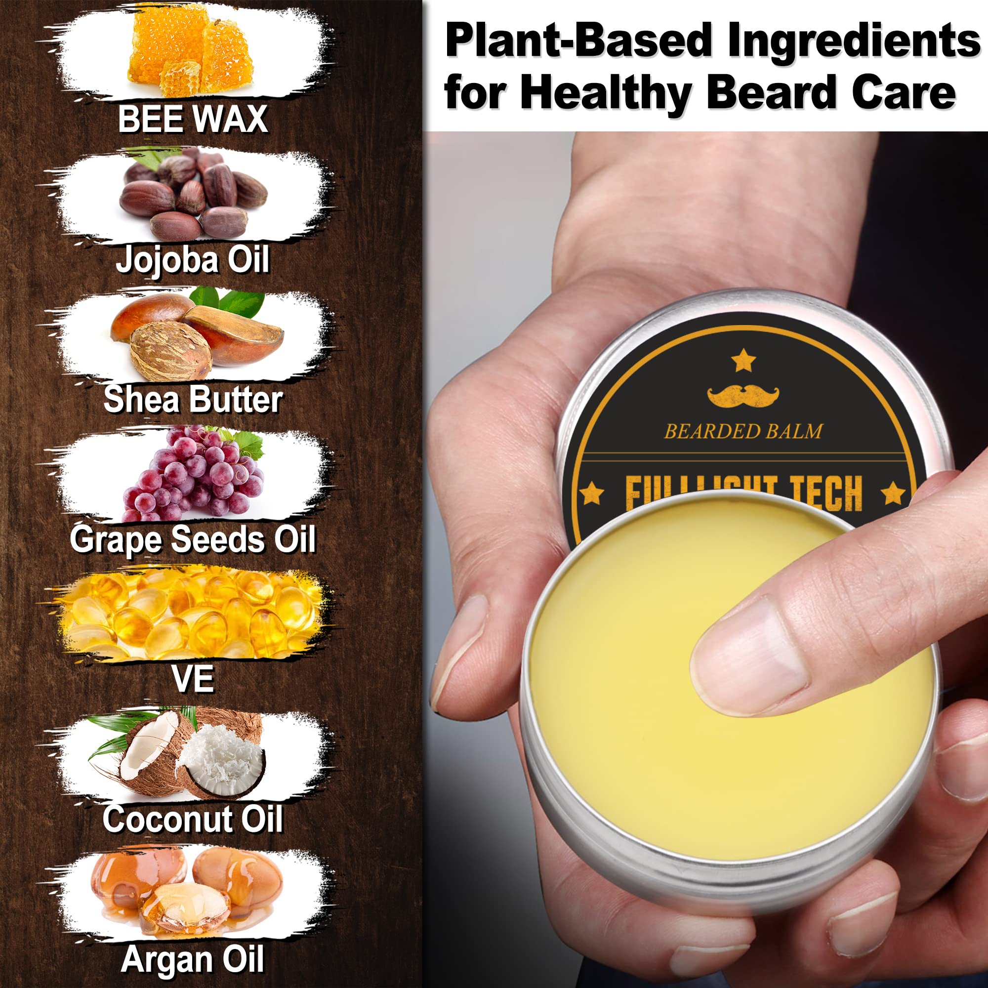 FULLLIGHT TECH Beard Balm, 2 Pack - Citrus Scent - Coconut, Argan, Jojoba Oils - Styles, Hydrates & Smooths Beards & Mustaches - Beard Styling Balm - Gifts for Men