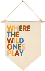 where the wild ones play - canvas hanging pennant flag banner wall sign decor gift for nursery baby kids girl boy teen bedroom playroom front door- baby gift shower flay-birthday christmas gift