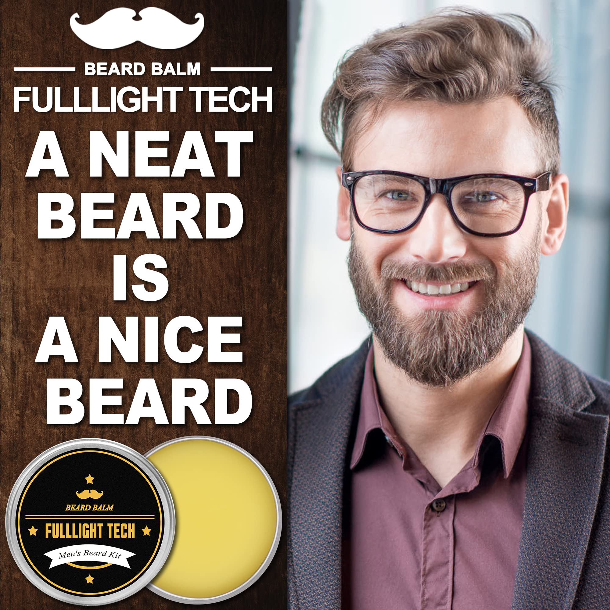 FULLLIGHT TECH Beard Balm, 2 Pack - Citrus Scent - Coconut, Argan, Jojoba Oils - Styles, Hydrates & Smooths Beards & Mustaches - Beard Styling Balm - Gifts for Men