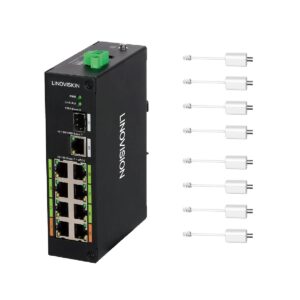 linovision industrial 8 ports poe switch, built-in eoc receiver, ultra long reach poe over coaxial cable transmission, extend poe over cat5e/cat6 network cable up to 2500ft,simply cabling, plug-n-play