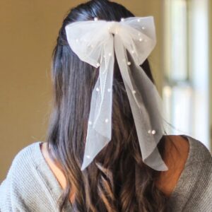 jeairts bridal hair bow veil pearl wedding hair piece white tulle bow with clip bachelorette party hair accessories for women (style 1)