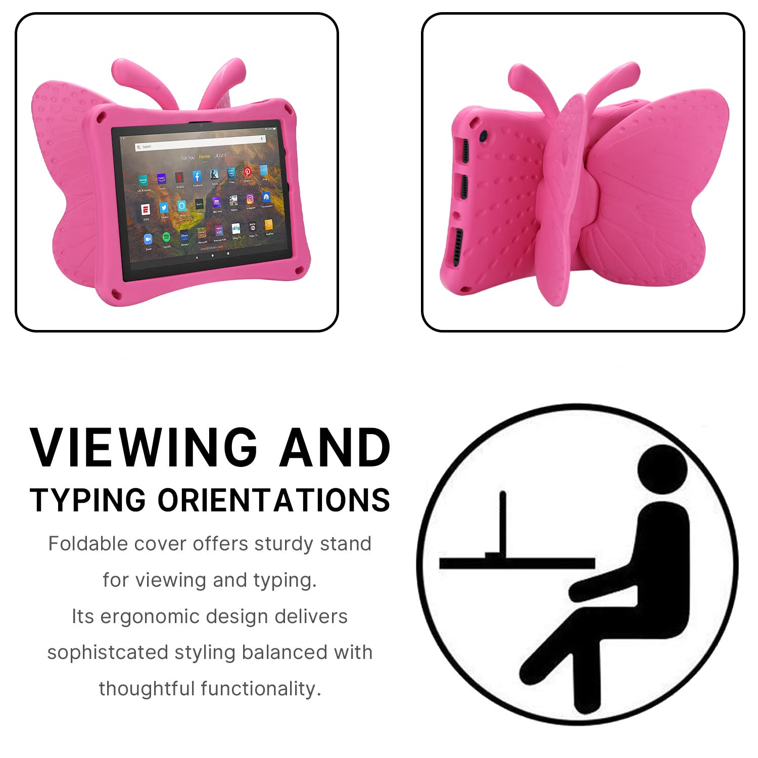 Simicoo Amazon Fire 7 2022 Cute Butterfly Case for Kids Light EVA Fire 7 Tablet Kids case Shockproof Rugged Heavy Duty Kids Friendly Tablet Case for Fire 7 Kids Tablet 12 Gen (Rose)