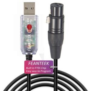 Feanteek USB to DMX Cable RS485 Adapter Converter 3PIN XLR Female DMX512 Interface Freestyler Software PC Control Dimmer Cable with FTDI Chip Support Win10 Mac OS (6FT/1.8M), Black