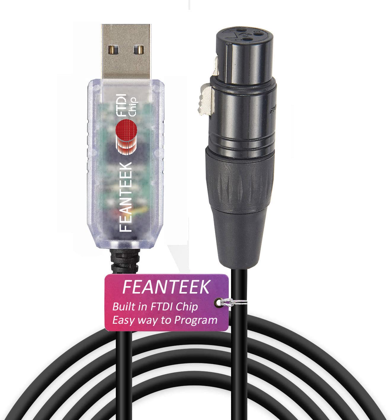 Feanteek USB to DMX Cable RS485 Adapter Converter 3PIN XLR Female DMX512 Interface Freestyler Software PC Control Dimmer Cable with FTDI Chip Support Win10 Mac OS (6FT/1.8M), Black