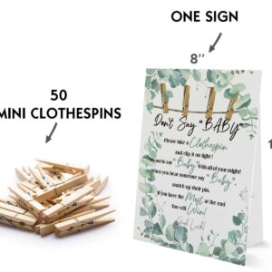 Don't Say Baby Sign, Baby Shower Clothespin Game, Includes a 8x11 Standing Sign and 50 Mini Natural Clothespins - BIG002