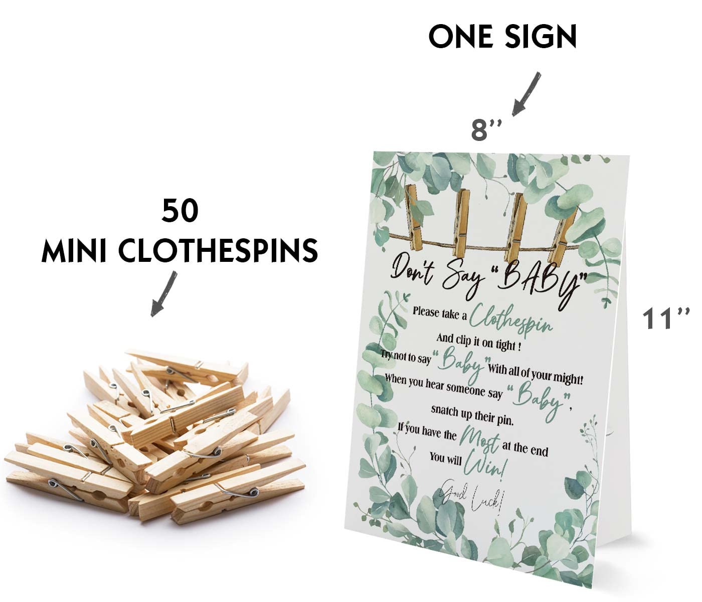 Don't Say Baby Sign, Baby Shower Clothespin Game, Includes a 8x11 Standing Sign and 50 Mini Natural Clothespins - BIG002