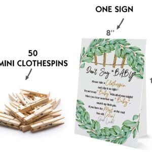 Don't Say Baby Sign, Baby Shower Clothespin Game, Includes a 8x11 Standing Sign and 50 Mini Natural Clothespins - BIG003