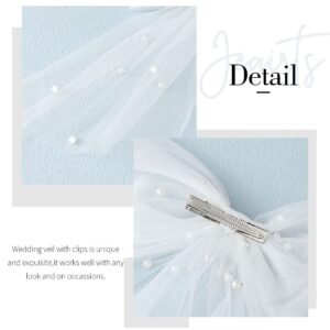 JEAIRTS Bridal Hair Bow Veil Pearl Wedding Hair Piece White Tulle Bow with Clip Bachelorette Party Hair Accessories for Women (Style 1)