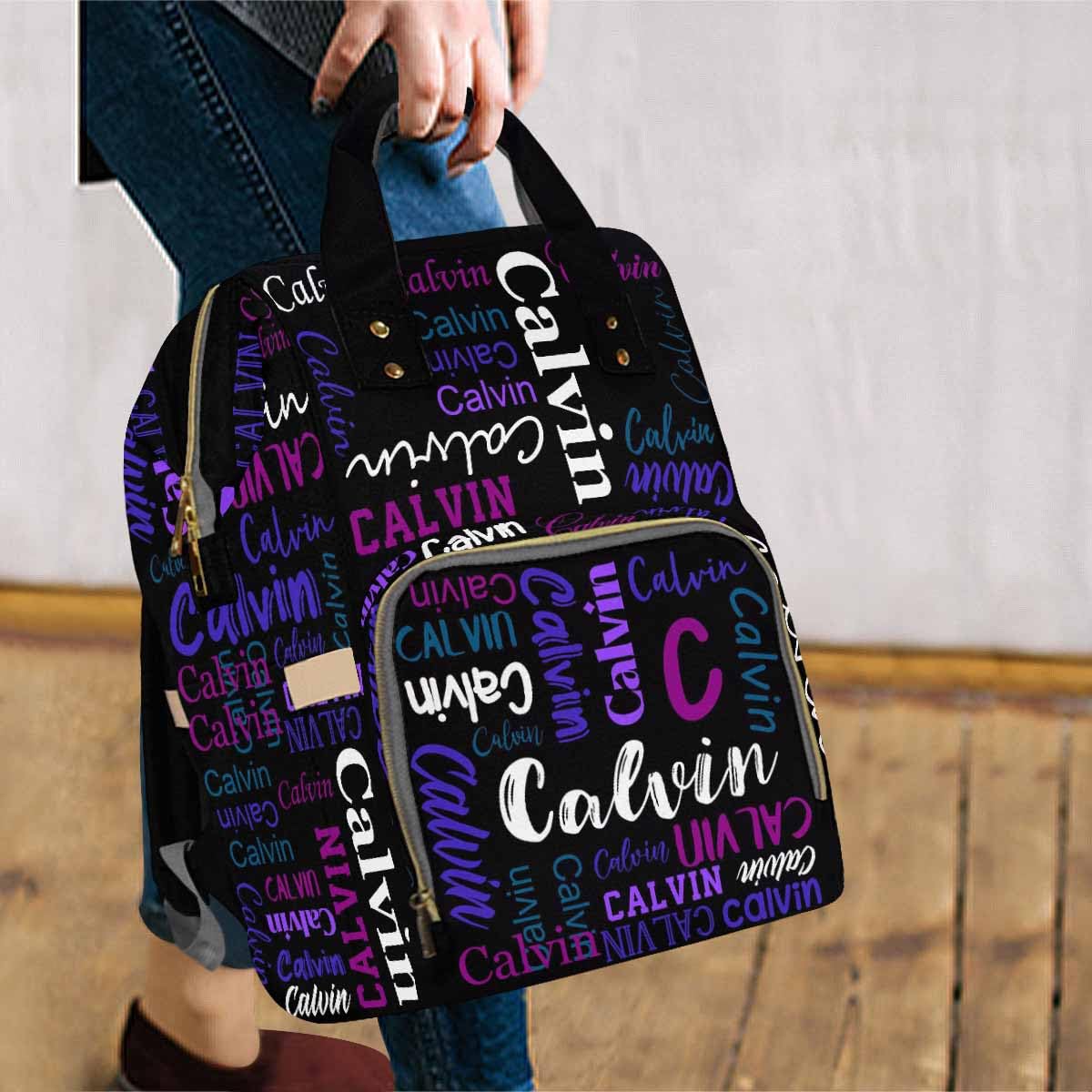 Personalized Bag, Custom Diaper Bag White & Purple Name Initial Black Fashion Multipurpose Daycare Bag Mummy Nursing Baby Bags Shoulder Bag Casual Daypack Bag for Mom Shopping