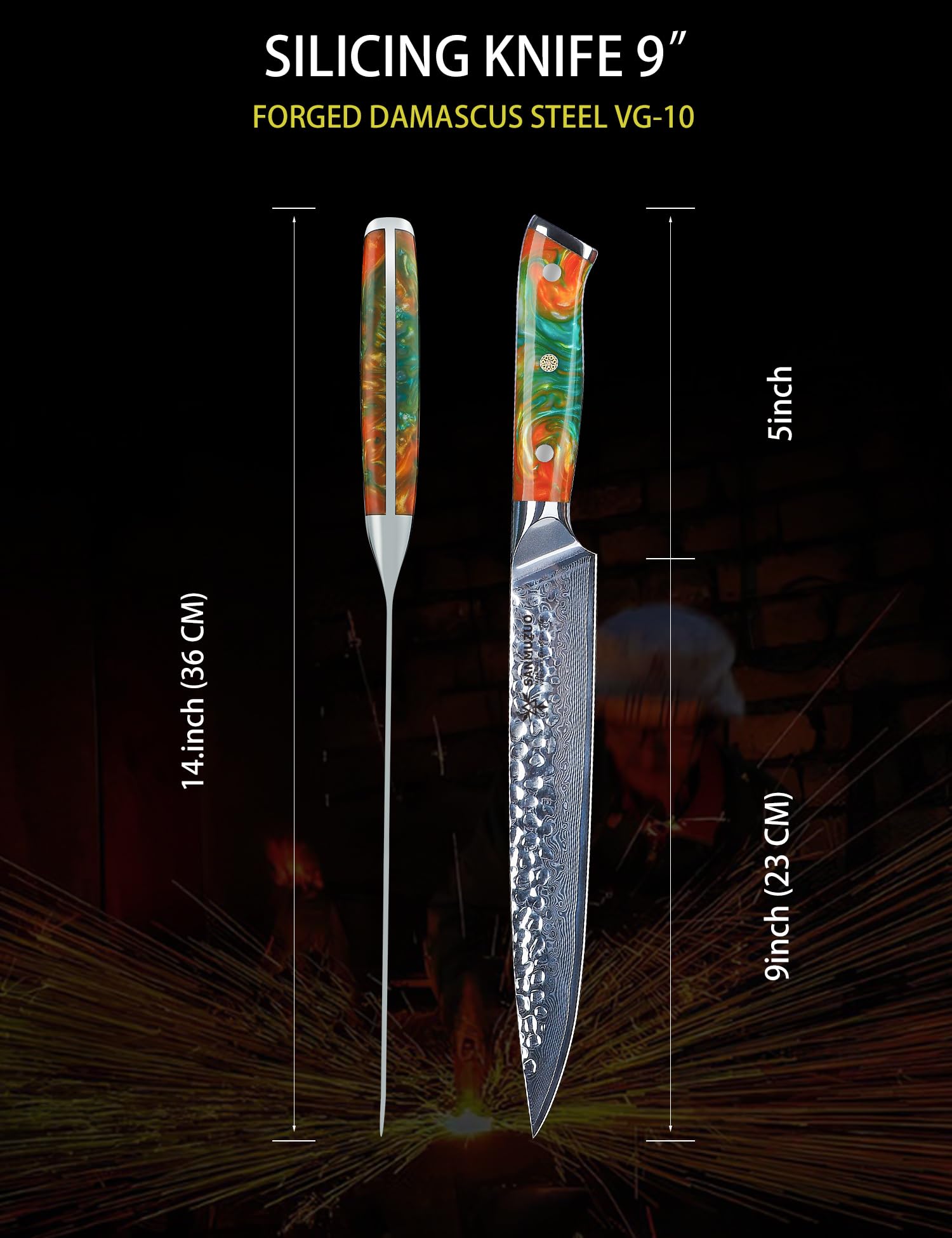 SANMUZUO 9 Inch Carving Knife, Slicing Knife - Hammered Damascus Steel & Resin Handle - Yao Series