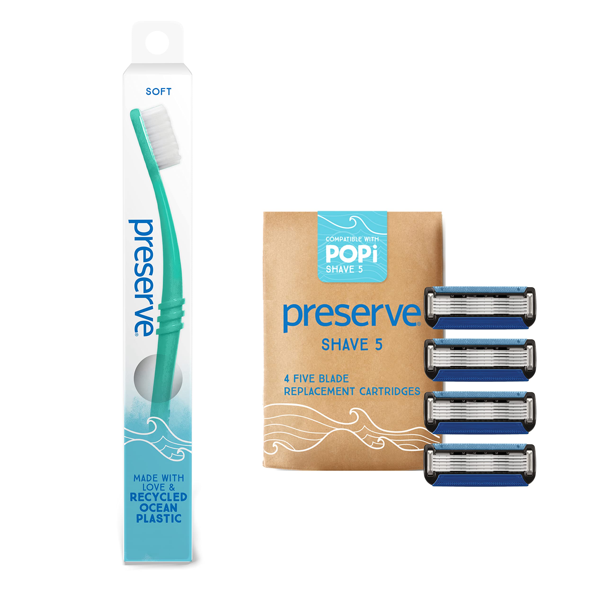 Preserve Ocean Plastic Initiative (POPi) Shave 5 Replacement Cartridges (4 Count) and POPi Adult Toothbrush (Soft, Neptune Green, 1 Count), Made in USA from Recycled Ocean Plastic, Bundle