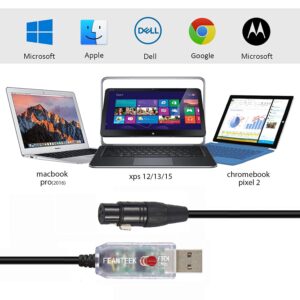 Feanteek USB to DMX Cable RS485 Adapter Converter 3PIN XLR Female DMX512 Interface Freestyler Software PC Control Dimmer Cable with FTDI Chip Support Win10 Mac OS (6FT/1.8M), Black