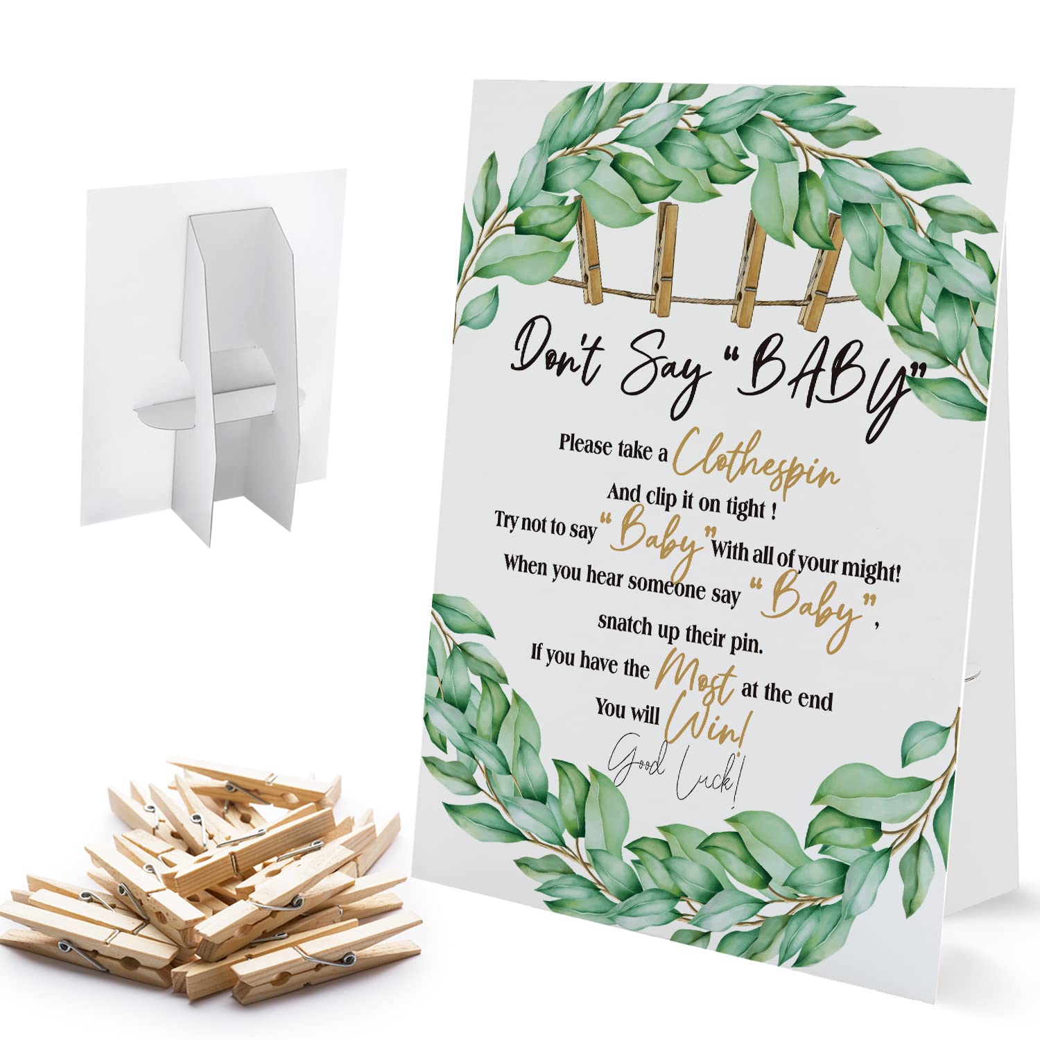 Don't Say Baby Sign, Baby Shower Clothespin Game, Includes a 8x11 Standing Sign and 50 Mini Natural Clothespins - BIG003