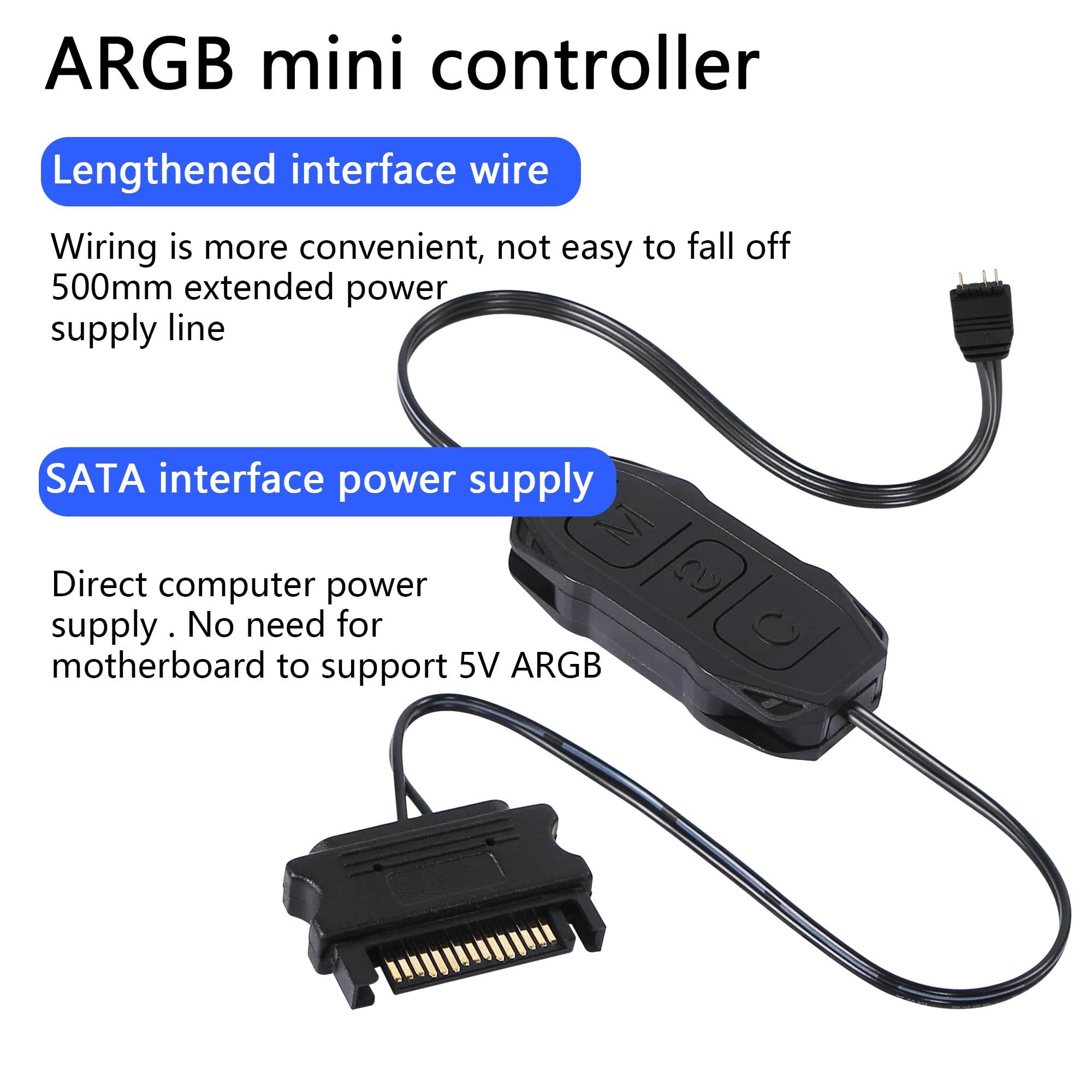 CERRXIAN 5V 3PIN ARGB Controller,Built-in Light Mode,SATA Power Supply,for Motherboards Without 5V ARGB,or DIYARGB Fans,ARGB Light Strips,Lighting Boards,Etc