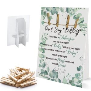 don't say baby sign, baby shower clothespin game, includes a 8x11 standing sign and 50 mini natural clothespins - big002