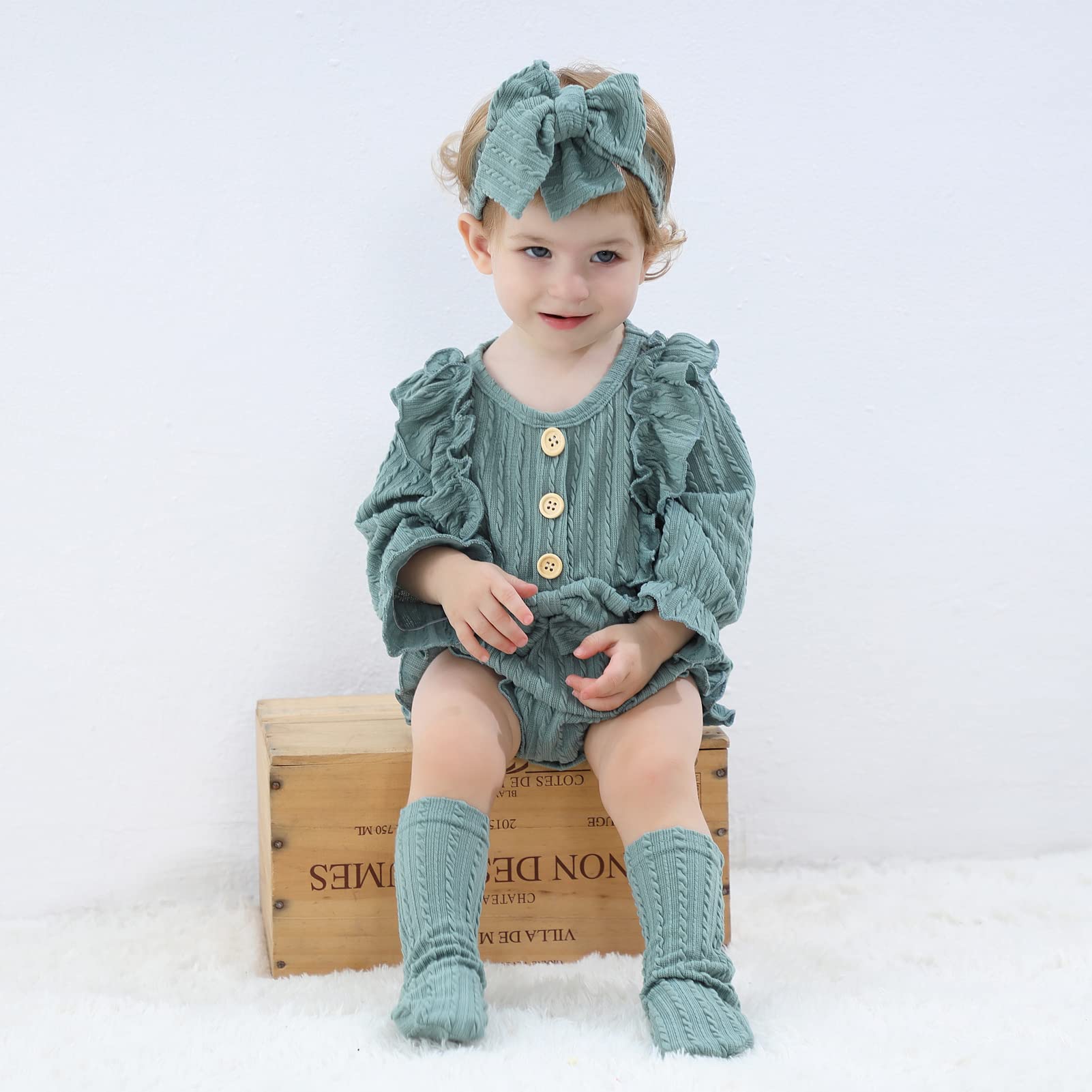 GRNSHTS Newborn Baby Girl Clothes Ruffle Solid Sweater Romper Long Sleeve Button Bodysuit+Hairband+Socks 3Pcs Fall Winter Outfits(Green,0-3 Months)