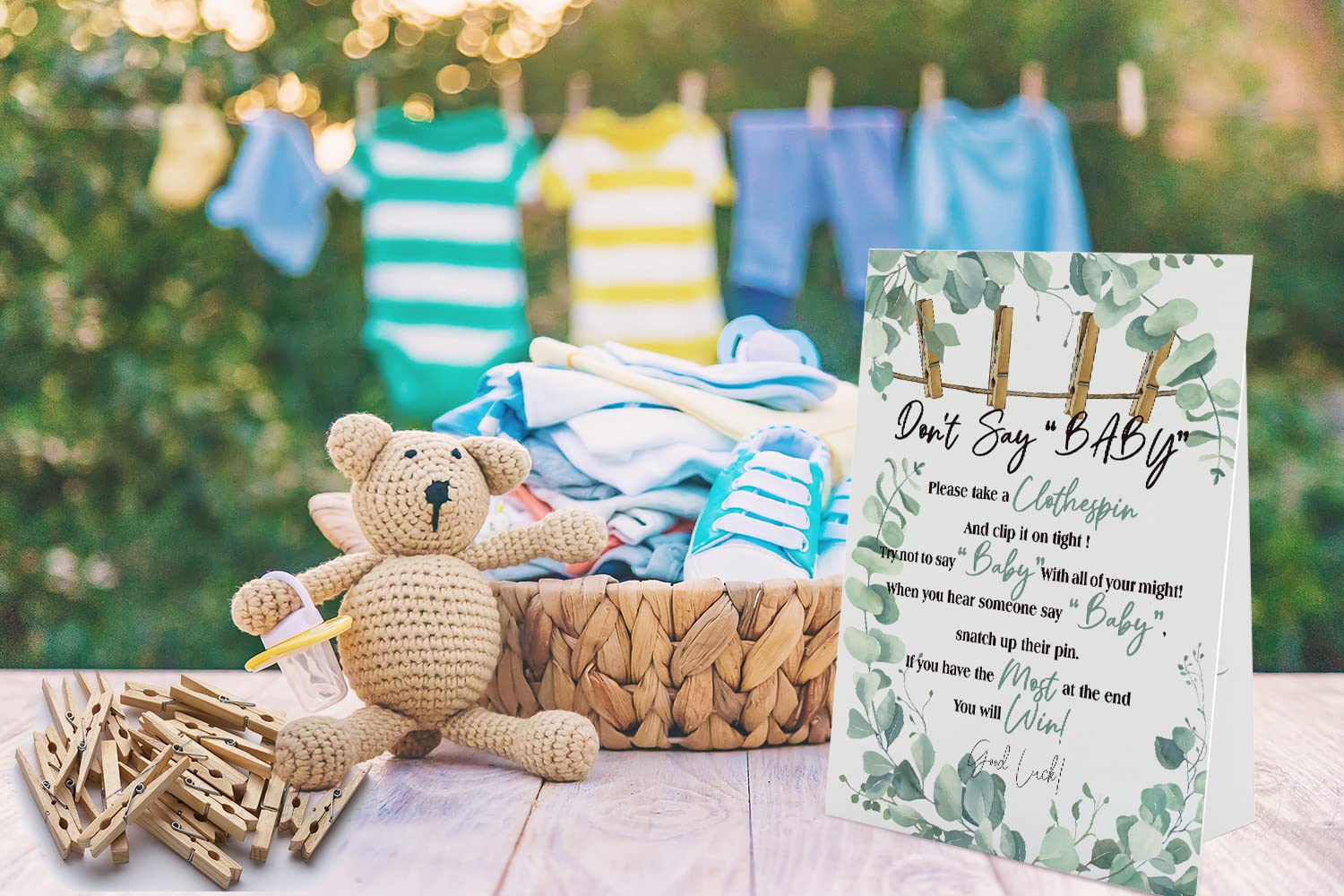 Don't Say Baby Sign, Baby Shower Clothespin Game, Includes a 8x11 Standing Sign and 50 Mini Natural Clothespins - BIG002