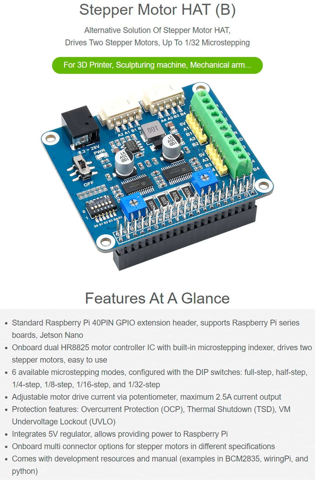 waveshare HRB8825 Stepper Motor HAT for Raspberry Pi and Jetson Nano, Drives Two Stepper Motors, Up to 1/32 Microstepping User for 3D Printer Sculpturing Machine Mechanical Arm