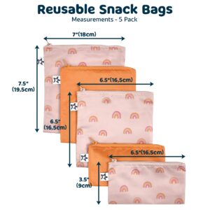 Tiny Twinkle 5 Pack Reusable Snack Bags - Machine Washable, PFAS, PVC, BPA, Phthalate-Free Reusable Baby and Toddler Food Safe Snack Bags (Boho Rainbow)